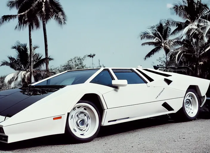 Prompt: a white lamborghini countach. palms and blue to punk sky in the background. 8 0's style. outline