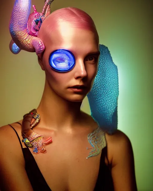 Image similar to natural light, soft focus portrait of a cyberpunk anthropomorphic turtle with soft synthetic pink skin, blue bioluminescent plastics, smooth shiny metal, elaborate ornate head piece, piercings, skin textures, by annie leibovitz, paul lehr