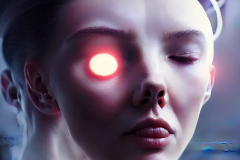 Image similar to ultra realistic, beautiful cyborg woman, eyes closed, sci-fi, fantasy, mythical, intricate, elegant, highly detailed, digital painting, octane render, substance painter, zbrush, artstation, concept art, smooth, sharp focus, eerie, illustration, 8k, HD, art by artgerm and greg rutkowski and raphael