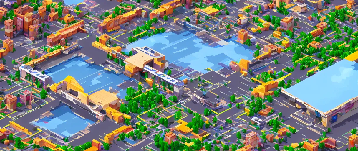 Image similar to Pixel Art arcade game scenario with bridge, stadium, mountains and clouds, all made of cardboard, CGI, Render, photorealistic, Unreal engine 5