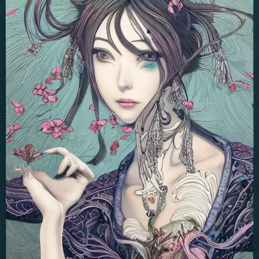 Image similar to the portrait of an absurdly beautiful, graceful, elegant, and sophisticated mature anime woman made of garlic bulbs, an ultrafine detailed illustration by james jean, intricate linework, bright colors, final fantasy, behance contest winner, vanitas, angular, altermodern, unreal engine 5 highly rendered, global illumination, radiant light, detailed and intricate environment