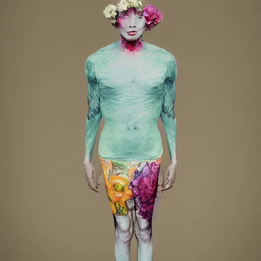 Image similar to a flower / human hybrid, fashion medium format color photo