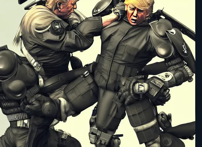 Prompt: donald trump and joe biden fighting in metal gear solid, digital art, trending on artstation, highly detailed, illustration, concept art, elegant, beautiful, masterpiece