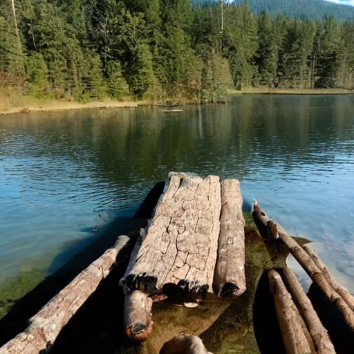 Image similar to primitive wooden dock on a lake coast with primitive rowboats docked at it, bushcraft, made of logs