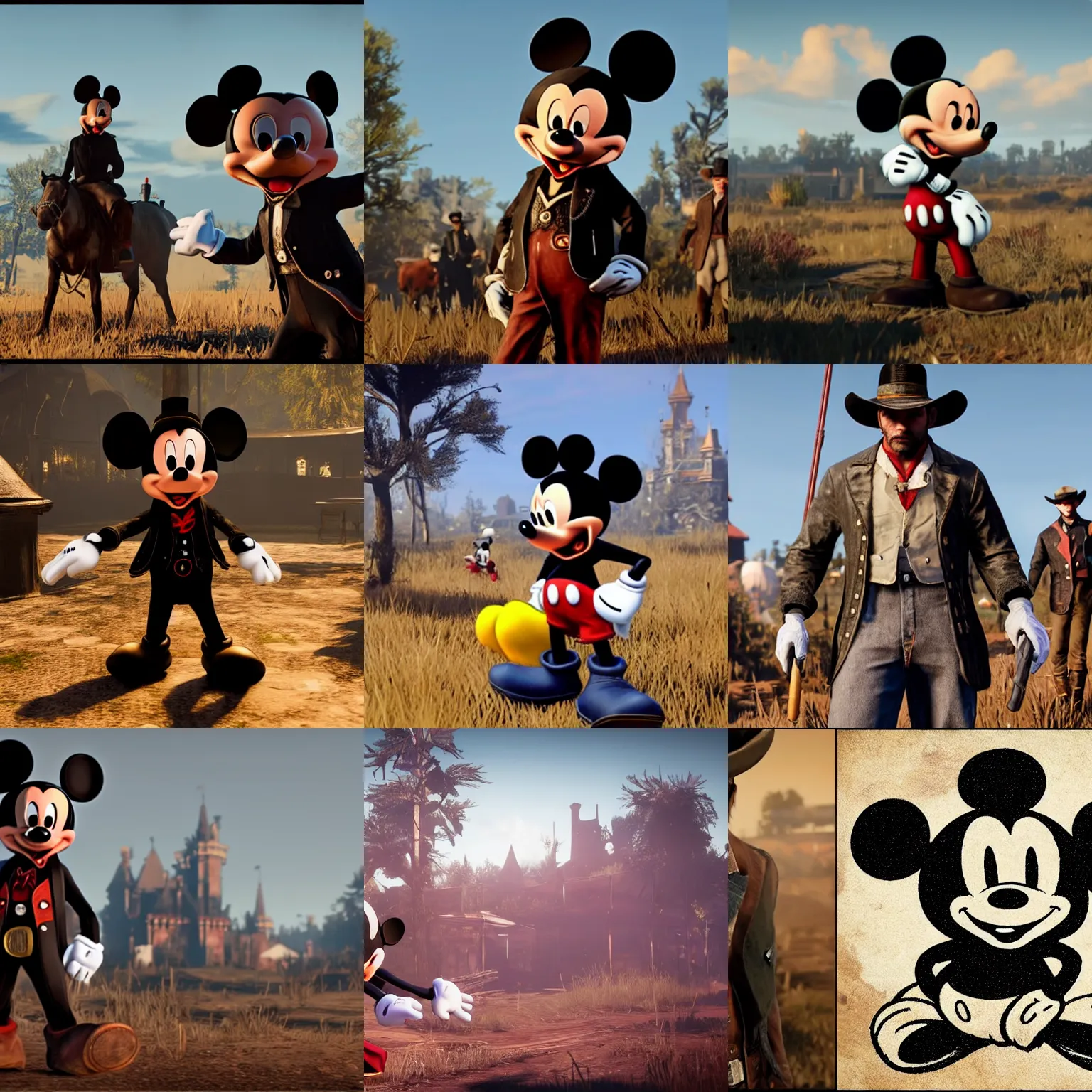 Prompt: mickey mouse in rdr2 as dark cowboy