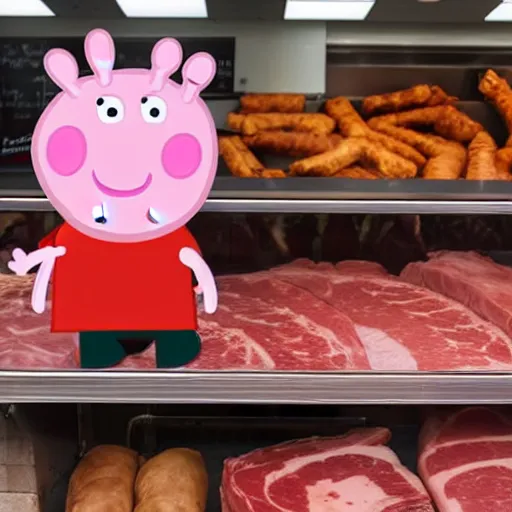 Prompt: peppa pig standing in a butcher shop staring at a display full of meats, sausages, and ham