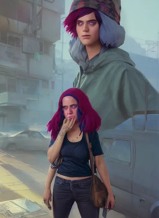 Prompt: Highly detailed full-body portrait of homeless Katy Perry, in GTA V, Stephen Bliss, unreal engine, fantasy art by Greg Rutkowski, Loish, Rhads, Makoto Shinkai and Lois van baarle, ilya kuvshinov, rossdraws, Mat collishaw, global illumination, radiant light, detailed and intricate environment