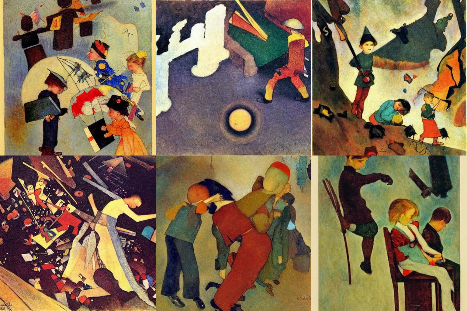 Prompt: a metaphor for the division and destruction of social order, painting by jessie willcox smith and wassily kandinsky