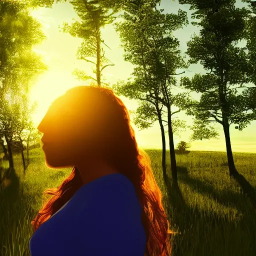 Prompt: silhouette profile of woman with flowing hair overlooking an expansive green hillside while leaves and a blue-yellow sky beam, extremely moody lighting, glowing light and shadow, atmospheric,, complex,symmetrical , 3-point perspective, high resolution, PBR, path tracing, volumetric lighting, octane render, arnold render