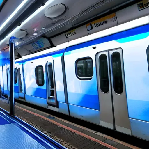 Image similar to a blue hexagonal metro train with blue neon light rails