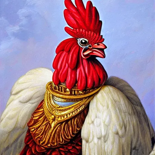 Prompt: the royal king's rooster by greg hildebrant fancy rococo baroque regal oil painting high quality award winning clothed in fancy garb