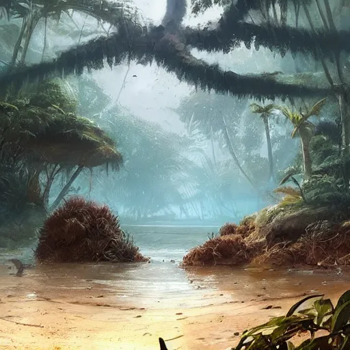 Prompt: a mystic sea in the jungle, there are many ancient crabs, by greg rutkowski, trending on art station