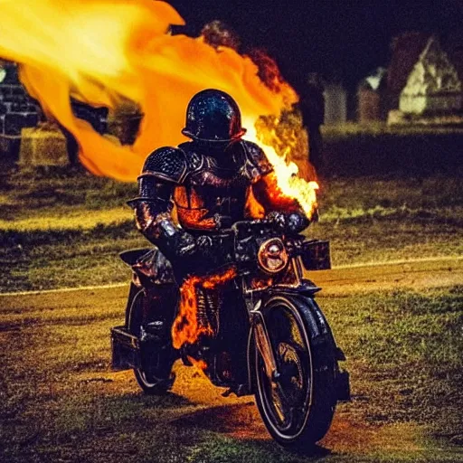 Image similar to “a burning knight in full armor riding a burning motorcycle that is on fire in an graveyard at midnight. cursed image.”