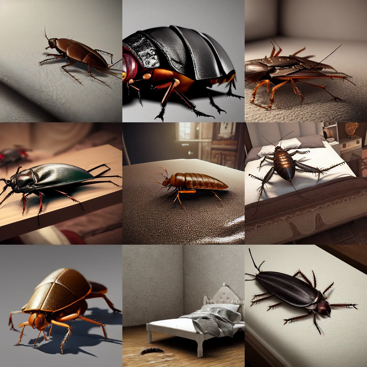 Prompt: A cockroach on top of a bed, ultra realistic, concept art, intricate details, dark, highly detailed, photorealistic, octane render, 8k, unreal engine