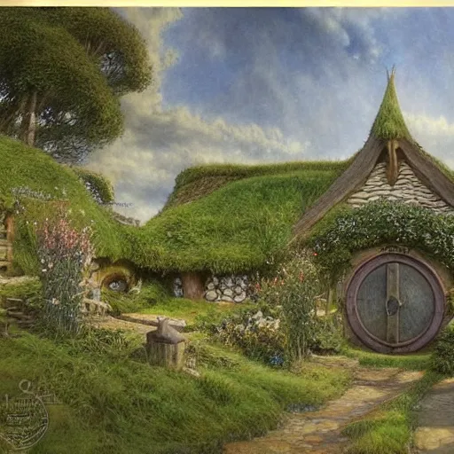 Image similar to beautiful serene hobbiton, by alan lee, lord of the rings, smooth, detailed terrain, pencil style, concept art, trending on art station.