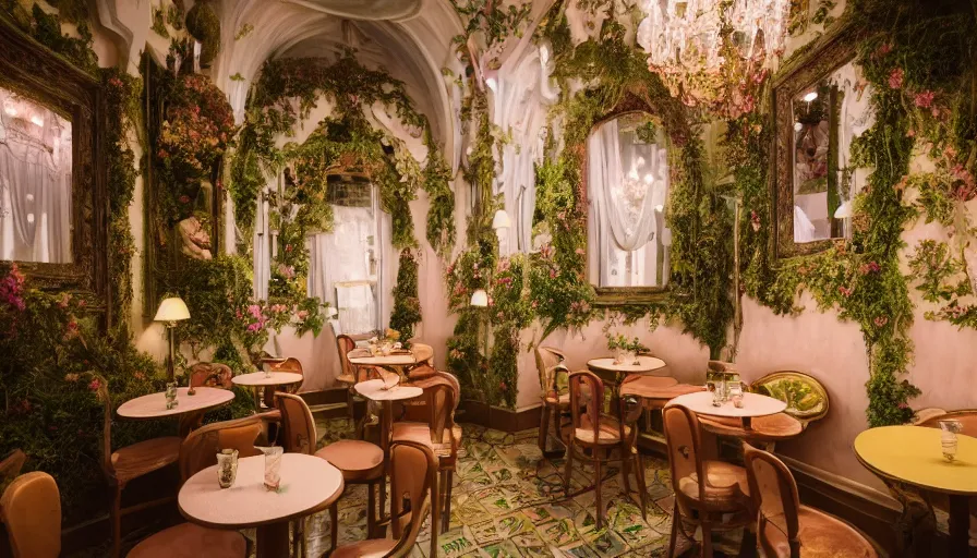 Prompt: Dreamy photo of a very cozy cafe that is transforming into a surreal castle with emple details, lush plants and flowers, in the style of Gucci, photographed by Petra Collins and Wes Anderson, glowing lights, magic details, very detailed, 8k, trending on artstation, very detailed