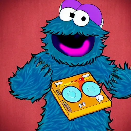 Image similar to cookie monster as a DJ, digital art, HD, anime