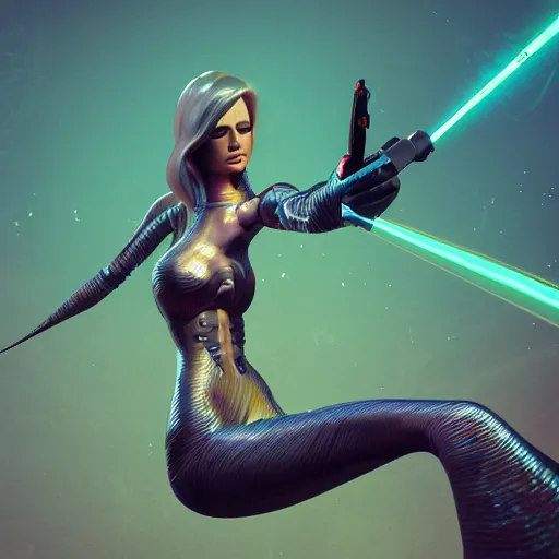 Image similar to mermaid cyborg with a laser whip, realistic, detailed, in the style of beeple, uncropped,