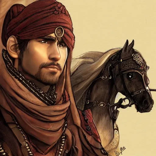 Image similar to an illustration for a new video game, by square enix, about a hero who fights for his nation, very realistic detail depiction with all perfection in even the smallest parts, wearing a turban and also a black horse, his clothes are very desert patterned, and also symmetrical, perfect shape, and also very detailed, this illustration is drawn by yoshitaka amano