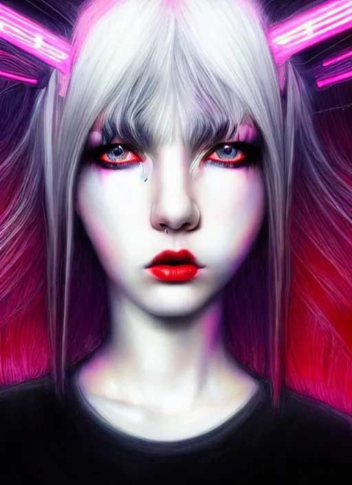 Image similar to hair whitebangs hair, black cyberlox, portrait of teenage girl with white bangs, whitebangsblackhair, messy bangs, cyberlox, whitebangs, red irises, purple clothes, intricate, elegant, glowing lights, highly detailed, digital painting, artstation, concept art, sharp focus, illustration, art by wlop, mars ravelo and greg rutkowski