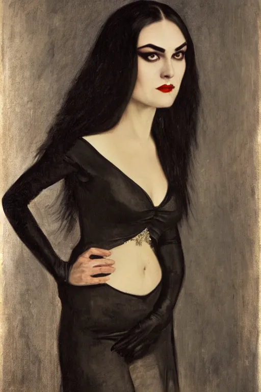 Image similar to upper body portrait sasha grey as morticia addams by alfred stevens