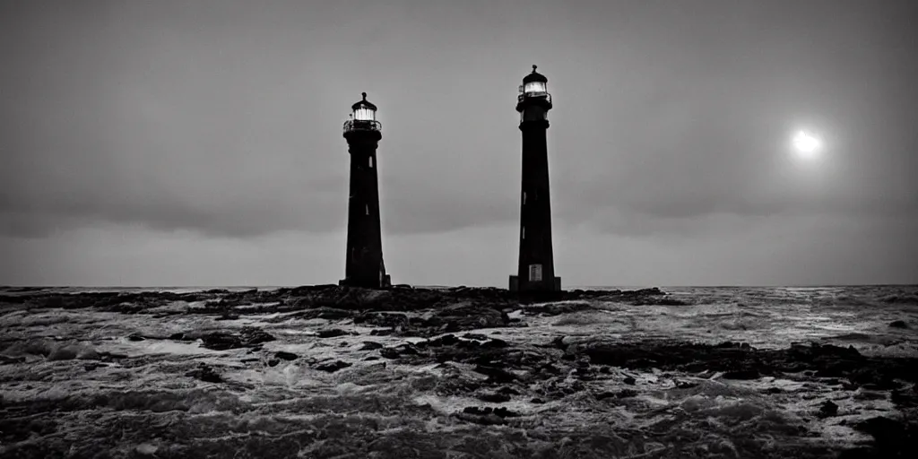 Prompt: Eerie tall dilapidated light house at night, storm raging, worn, rusted, falling apart