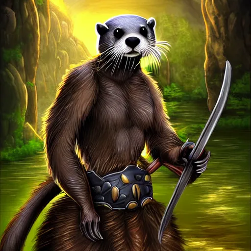 Image similar to furry otter warrior, fantasy art, lightweight armour, near the river, waterfall, digital art, high quality