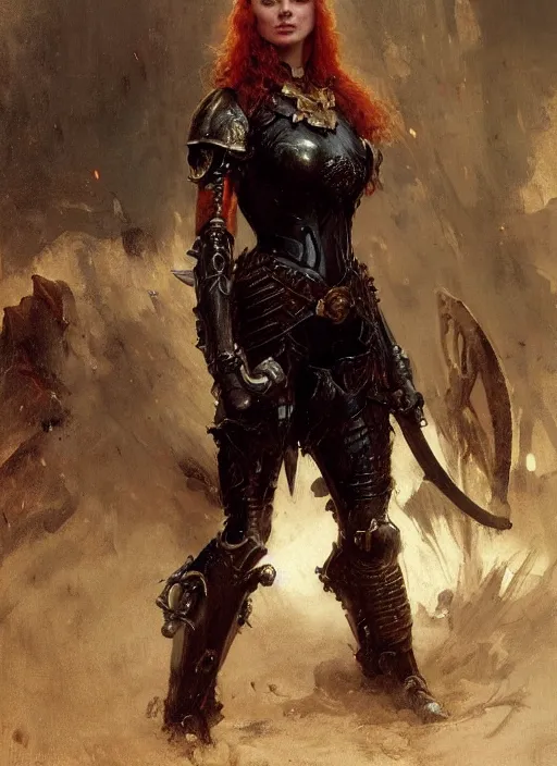 Image similar to beautifull young redheaded muscular woman wearing black medieval armour, by gaston bussiere, bayard wu, greg rutkowski, giger, maxim verehin, greg rutkowski, masterpiece, sharp focus, cinematic lightning