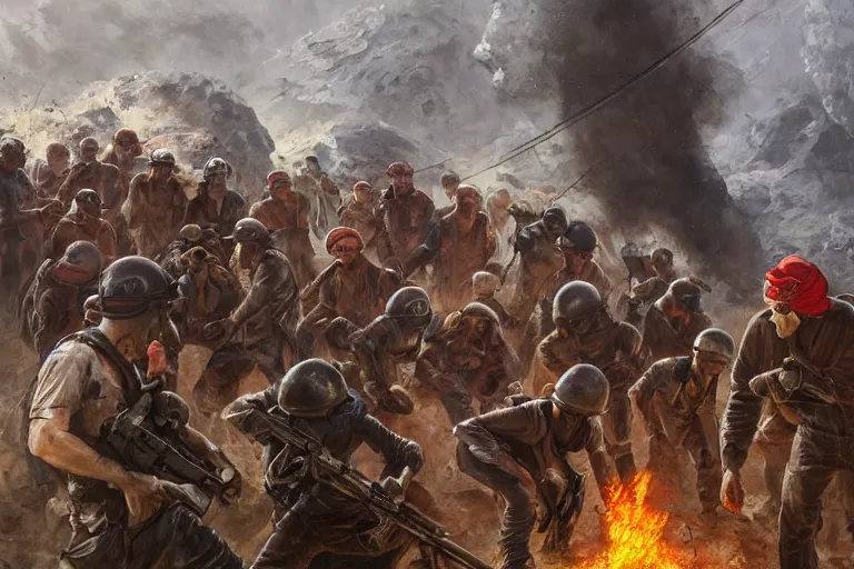 Image similar to intense dramatic still of a ragtag group of miners!!!! and factory workers with improvised weapons and pistols and red bandanas around their necks, on the surface of an asteroid, outside of a high tech scifi industrial building, medium shot, oil painting by charles frederic ulrich, pablo olivera, normal rockwell, greg rutkowski, trending on artstation, incredible detail