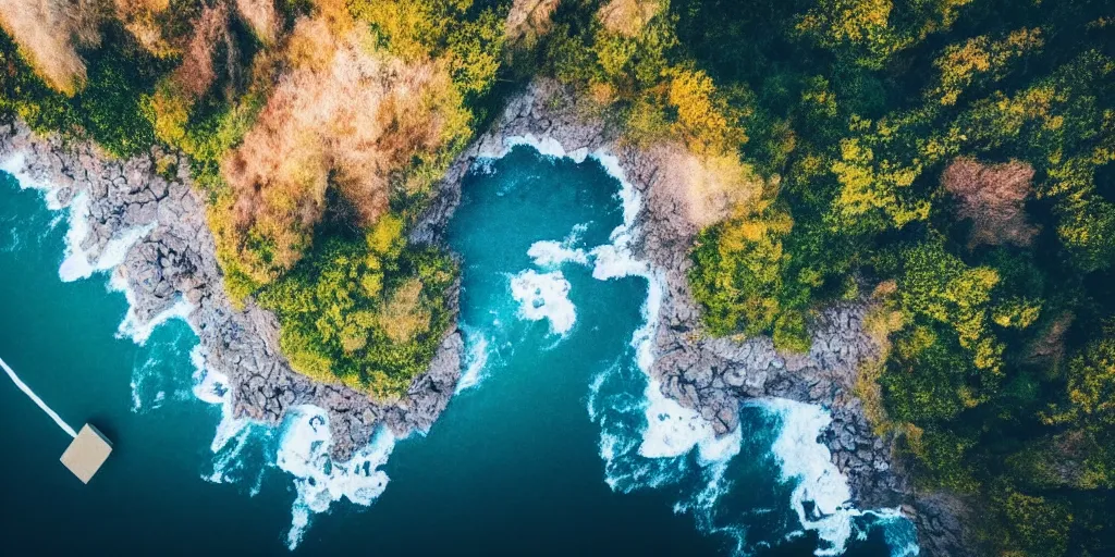 Image similar to nature landscape, aerial view, drone photography, cinematic, mountains and ocean