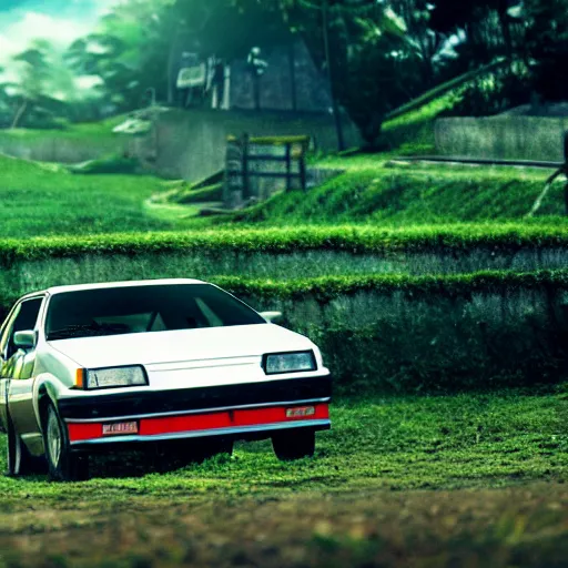 Prompt: A Toyota Panda Trueno AE86 in Armenia Quindio , Artwork by Makoto Shinkai, wallpaper, 4k, high quality, official media