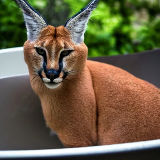 Image similar to Caracal sitting in a bathtub, Instagram photo