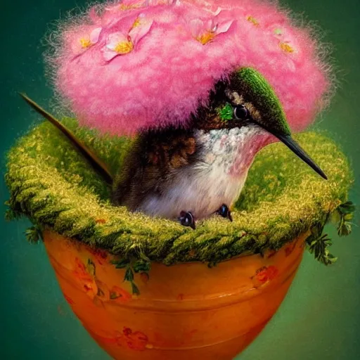 Prompt: long shot of a very fluffy hummingbird chick nesting in a floral cup, esao andrews, by m. w. kaluta, humorous illustration, hyperrealistic, tilt shift, warm colors, night scenery, low light, 3 d octane render, 4 k, volumetric lights, smooth, cosy atmosphere, conceptart, hyperdetailed, trending on deviantart