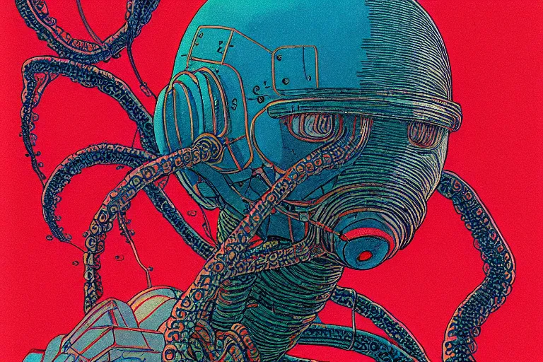 Image similar to risograph grainy drawing vintage sci - fi, satoshi kon color palette, gigantic gundam full - body covered with human bodies and wires, with lot tentacles, vermilion color, codex seraphinianus painting by moebius and satoshi kon and dirk dzimirsky close - up portrait