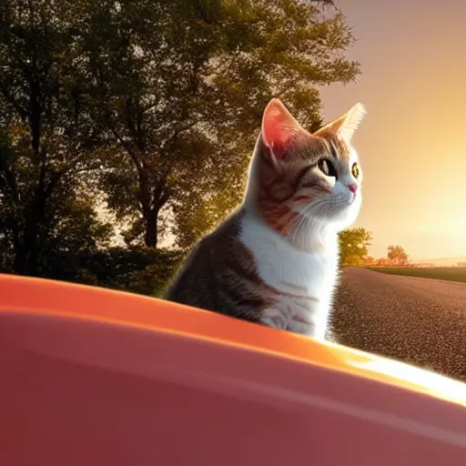 Image similar to cat cruising in a cabriolet, golden hour, front top side view, golden ratio, idyllic setting