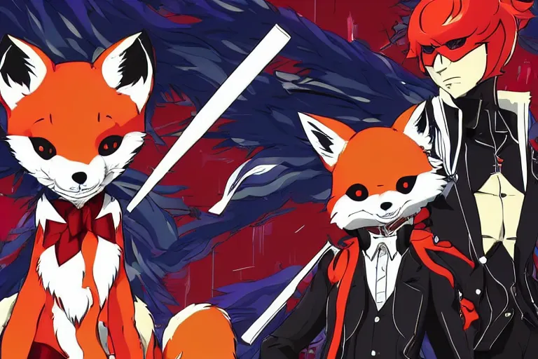 Image similar to a furry tan male fox on a persona 5 : royal ( by atlus ) video game splash screen, a furry male sandcolored tan fox fursona ( has hair ), persona 5 phantom thief style