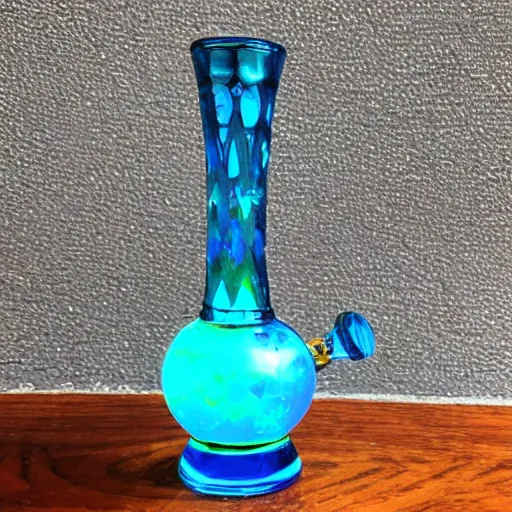 Prompt: glass bong with custom opal center piece in the middle that is blue