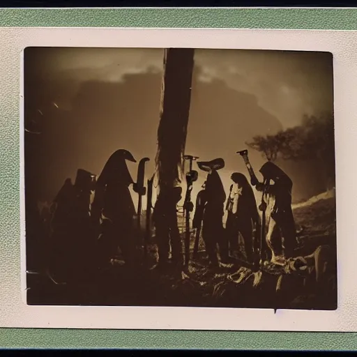 Prompt: old polaroid depicting cultists with torches, at a clearing, at dusk, green tentacles everywhere