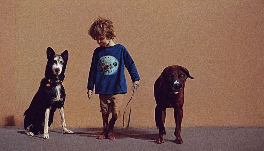 Prompt: 7 0 s film still from a horror movie starring a boy and a dog, kodachrome, cinecolor, cinestill, film grain, film texture, retro, cinematic, high resolution, photorealism,