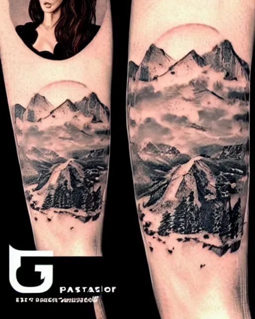 Image similar to double exposure effect tattoo design sketch of megan fox and beautiful mountains, surrealism tattoo, in the style of matteo pasqualin, amazing detail, sharp