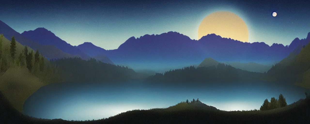 Image similar to a peaceful mountain valley with a lake at night rendered in the style of zana bamarni, crescent moon