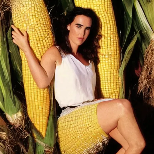 Prompt: jennifer connelly emerging from a giant piece of corn