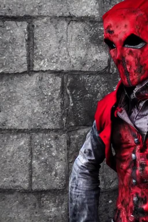 Image similar to red hood cosplay, creepy, disturbing, bloody, darkness, grainy, urban, jeans