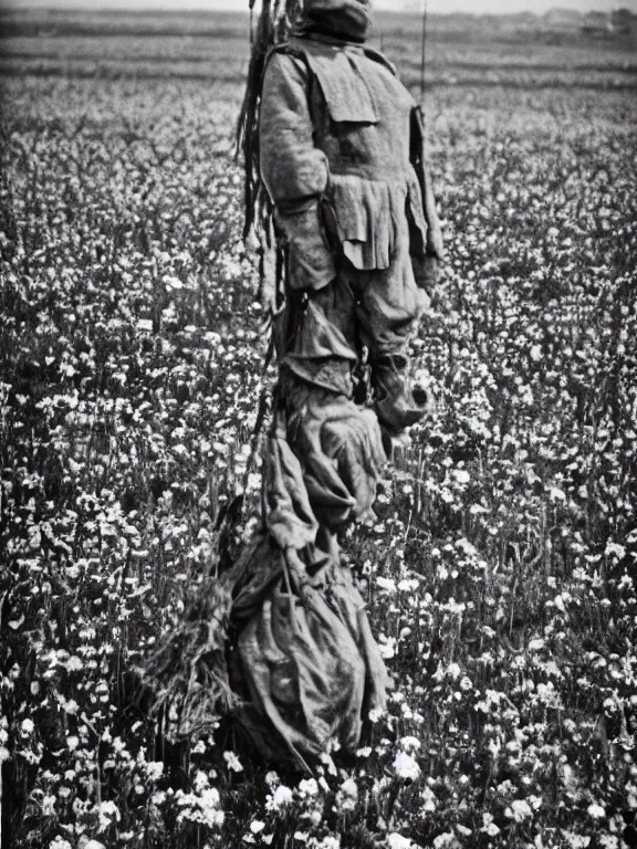 Image similar to human-like scarecrow wearing torn military clothes in beautiful meadow of flowers, ww1 photo, grainy, high detail, high resolution,