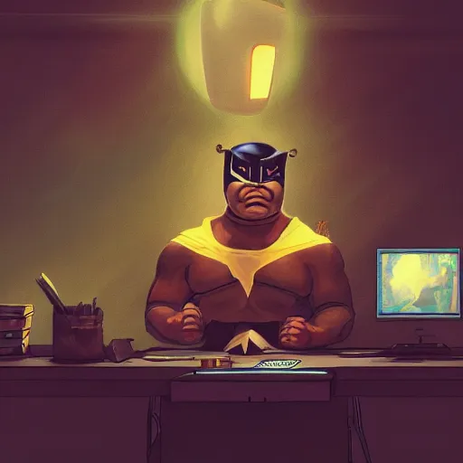 Image similar to a insanely detailed painting of a stocky masked asian man wearing a superhero costume sitting at a desk, staring at the nervously at the computer and typing, in the style of peter mohrbacher, dramatic lighting and composition, trending on artstation, concept art, comic book