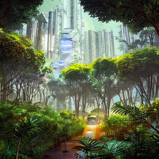 Image similar to Beautiful city of the future, overgrown with trees and plants. Warm soft colour scheme. Grainy and rough. Beautiful artistic digital artwork by artist Lurid. (2022)