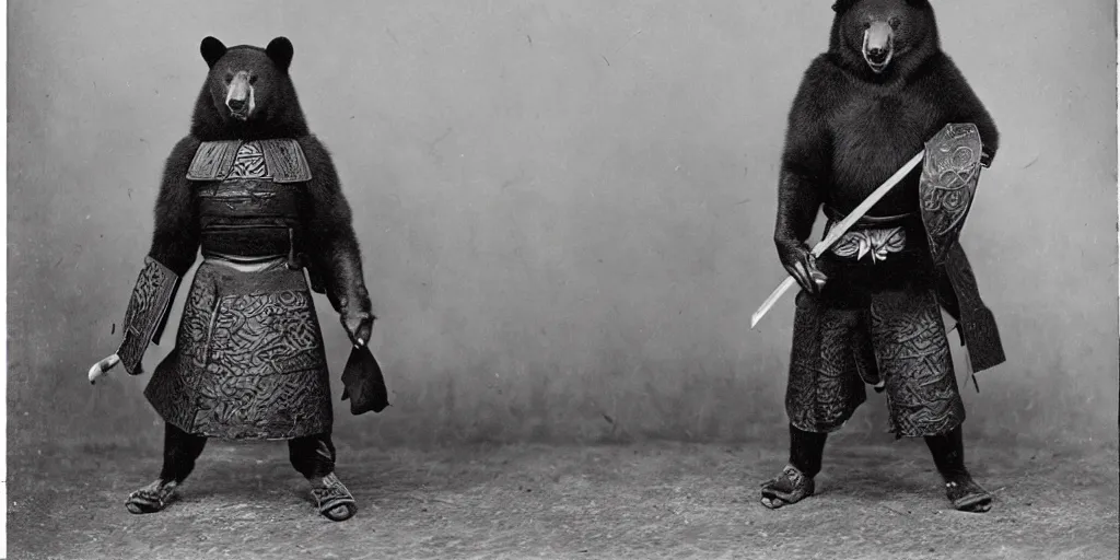 Prompt: anthropomorphic asian black bear in full samurai armor, 1900s photo