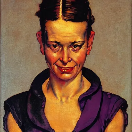 Image similar to Frontal portrait of a woman happy with her bright cybernetic enhancements. A painting by Norman Rockwell.