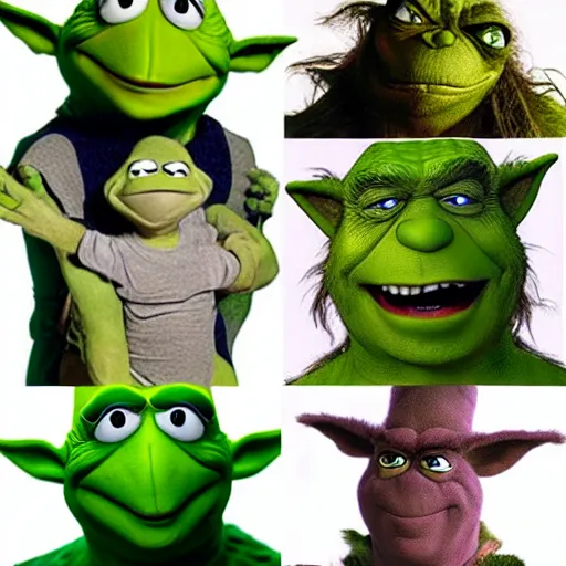 Image similar to Kermit hulk the grinch shrek and yoda combination