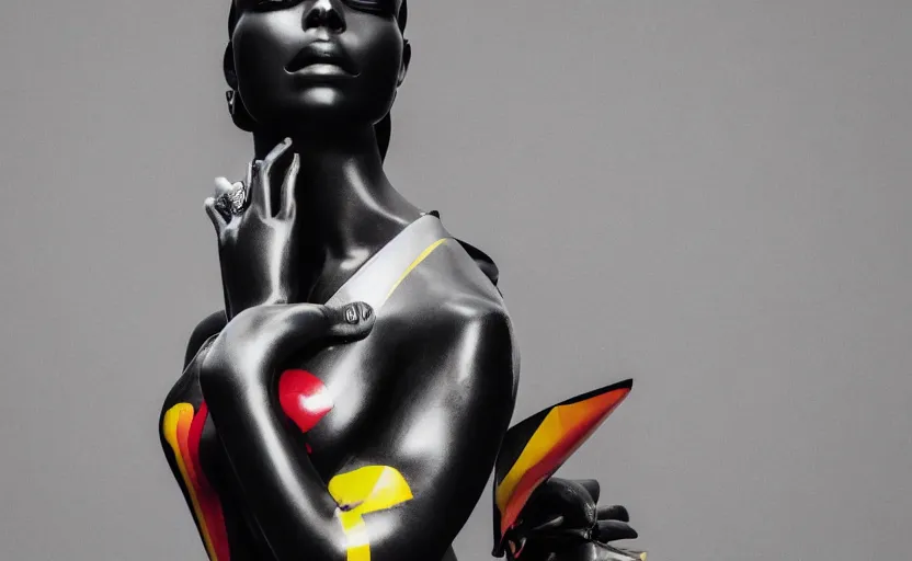 Image similar to beautiful glossy portrait of extremely beautiful female black marble statue in the style of virgil abloh, colorful motocross logos behind her, sharp focus, clear, detailed,, cinematic, detailed, off white, glamourous, symmetrical, vogue, editorial, fashion, magazine shoot, glossy